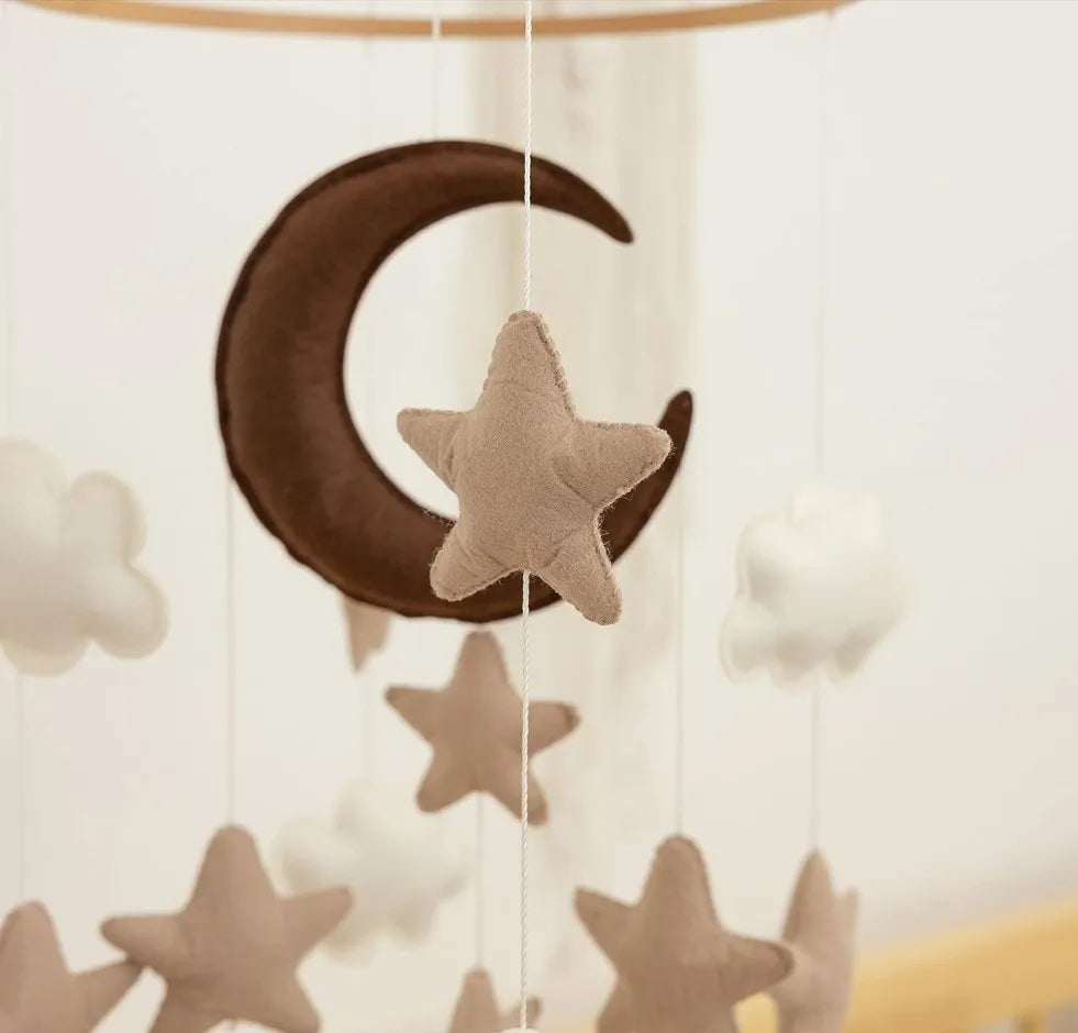 Boho Handmade Brown Moon, Cloud, and Stars Nursery Mobile