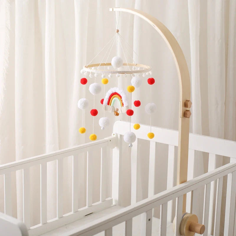 Boho Rainbow Wooden Crib Mobile with Felt & Wool Balls - Baby Crib Mobile