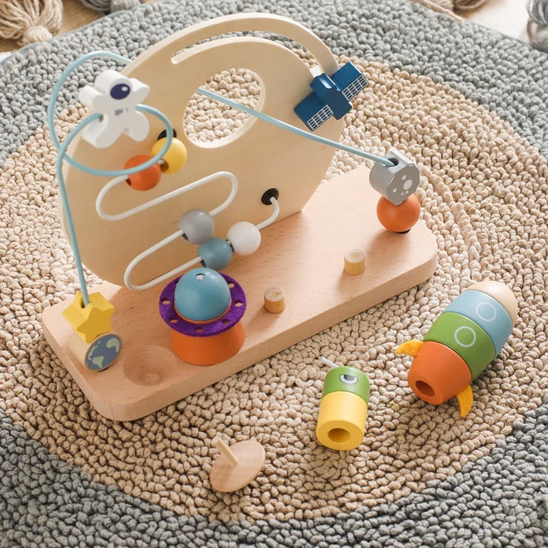 Wooden Space-Themed Beaded Busy Toy for Babies | Educational & Eco-Friendly Fun