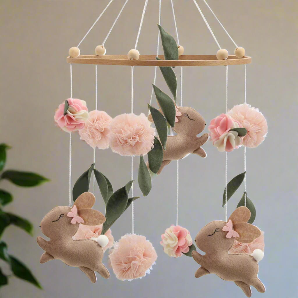 Handmade Bunny Rabbit Crib Mobile | Floral & Boho Nursery Decor | Soft Felt & Wooden