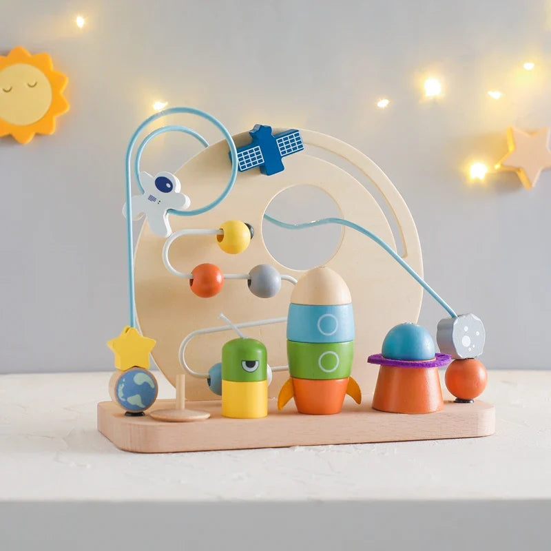 Wooden Space-Themed Beaded Busy Toy for Babies | Educational & Eco-Friendly Fun