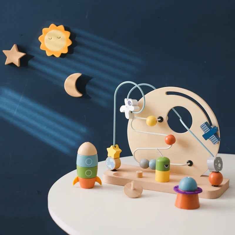 Wooden Space-Themed Beaded Busy Toy for Babies | Educational & Eco-Friendly Fun