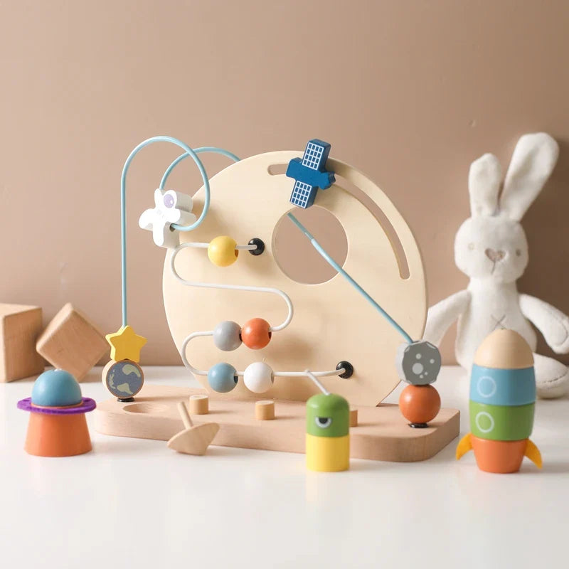 Wooden Space-Themed Beaded Busy Toy for Babies | Educational & Eco-Friendly Fun