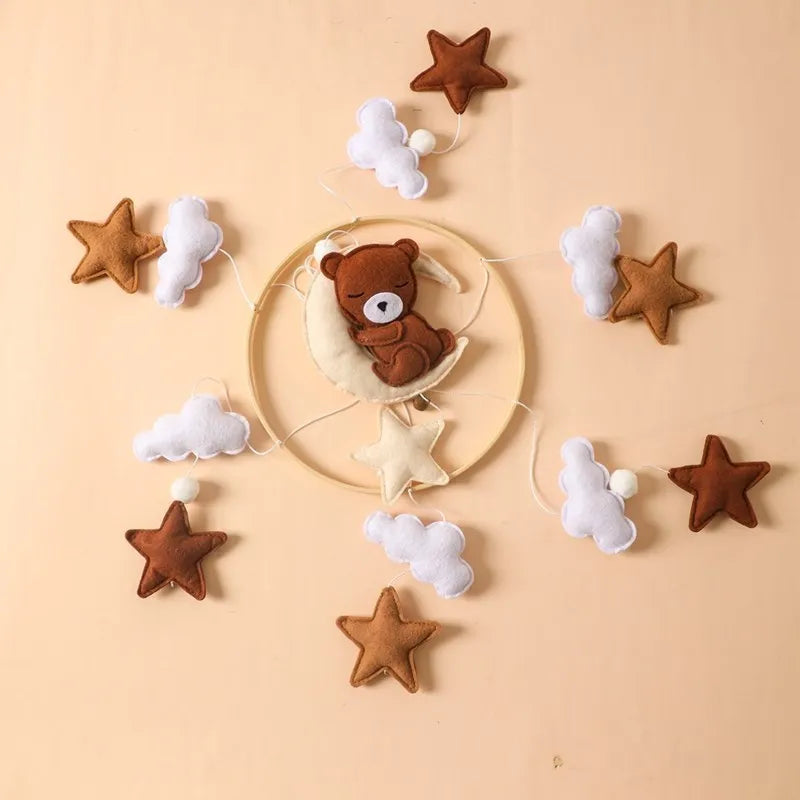 Bear Cuddling the Moon & Night Sky Felt Nursery Mobile