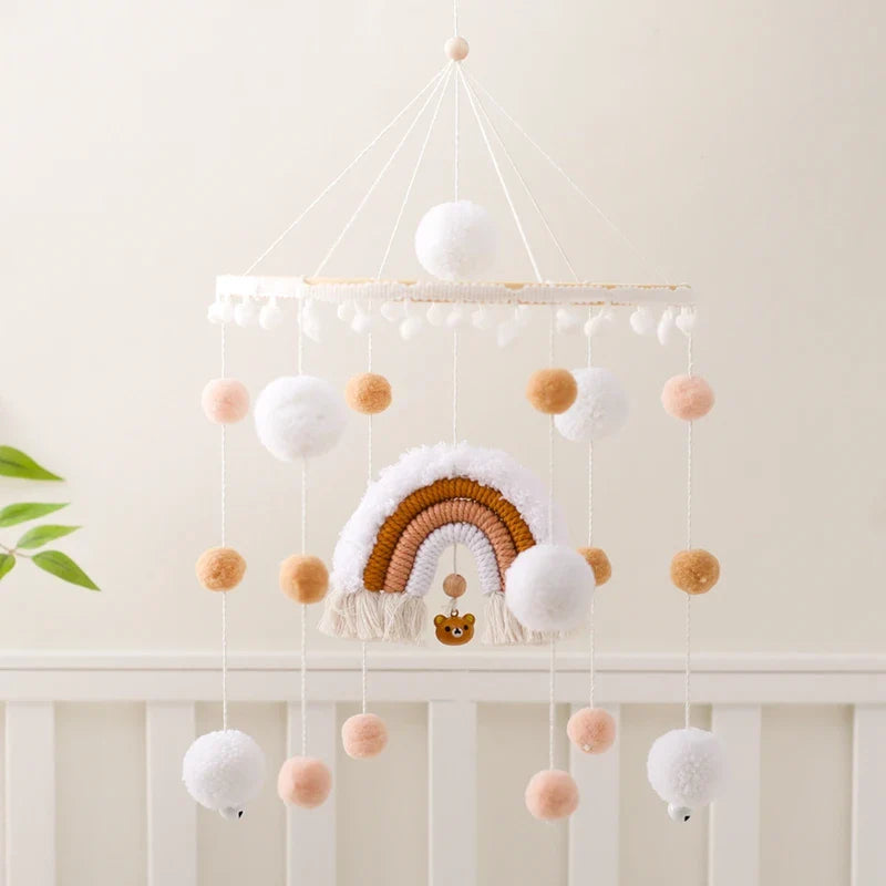 Boho Rainbow Wooden Crib Mobile with Felt & Wool Balls - Baby Crib Mobile