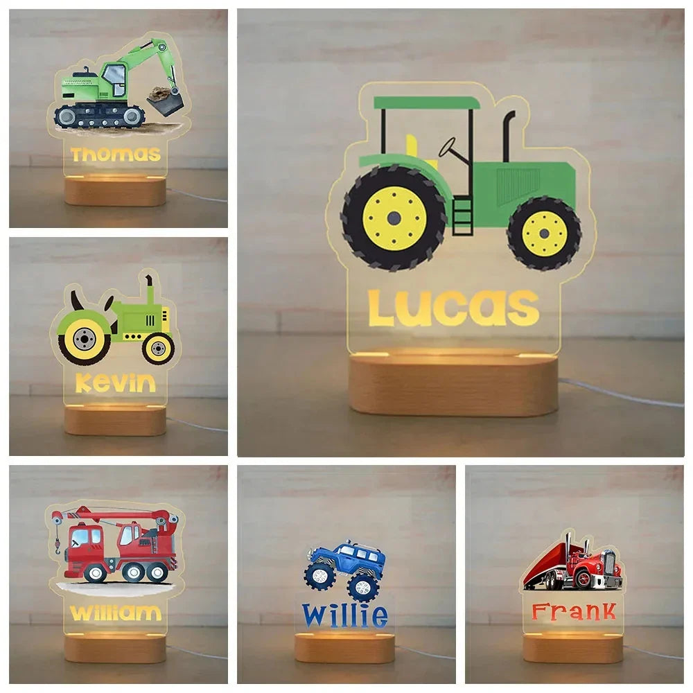 Personalised Name Acrylic Night Light - Trucks, Tractors and More!