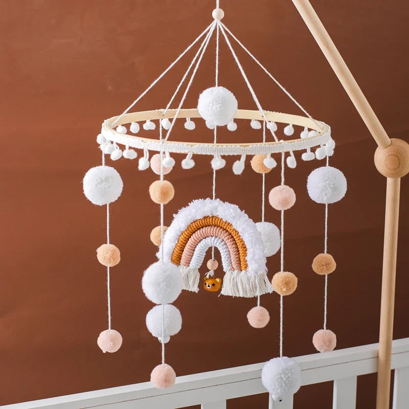 Boho Rainbow Wooden Crib Mobile with Felt & Wool Balls - Baby Crib Mobile