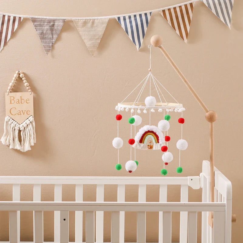 Boho Rainbow Wooden Crib Mobile with Felt & Wool Balls - Baby Crib Mobile