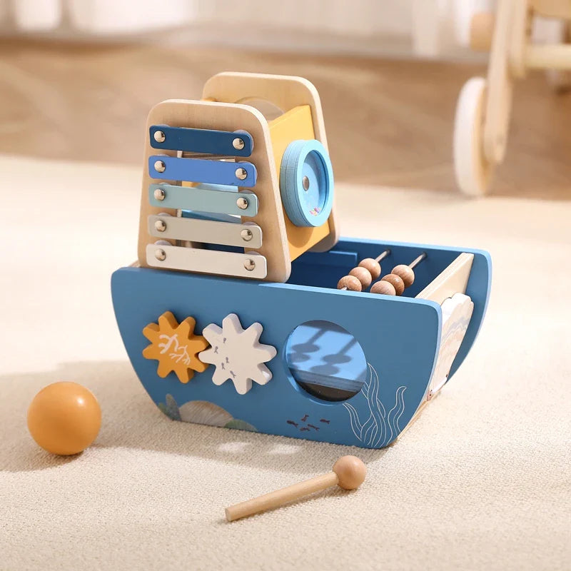 5-in-1 Multi-Activity Wooden Boat Busy Cube | Montessori-Inspired Educational Toy