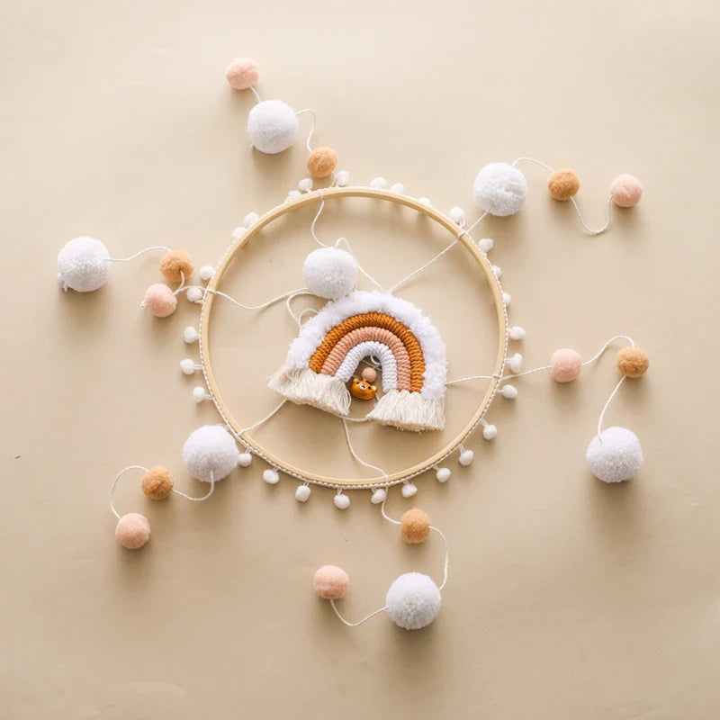 Boho Rainbow Wooden Crib Mobile with Felt & Wool Balls - Baby Crib Mobile