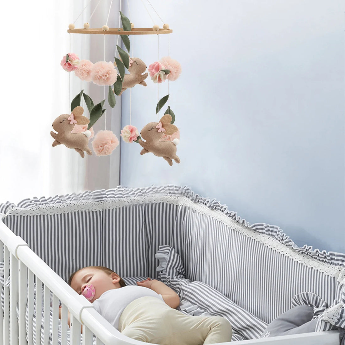 Handmade Bunny Rabbit Crib Mobile | Floral & Boho Nursery Decor | Soft Felt & Wooden