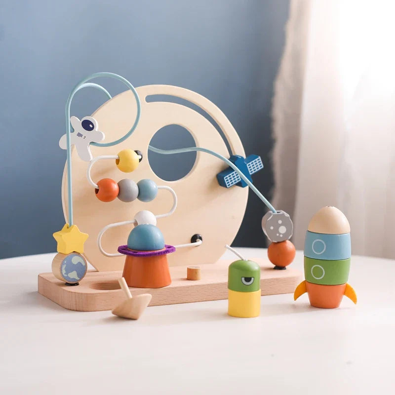Wooden Space-Themed Beaded Busy Toy for Babies | Educational & Eco-Friendly Fun