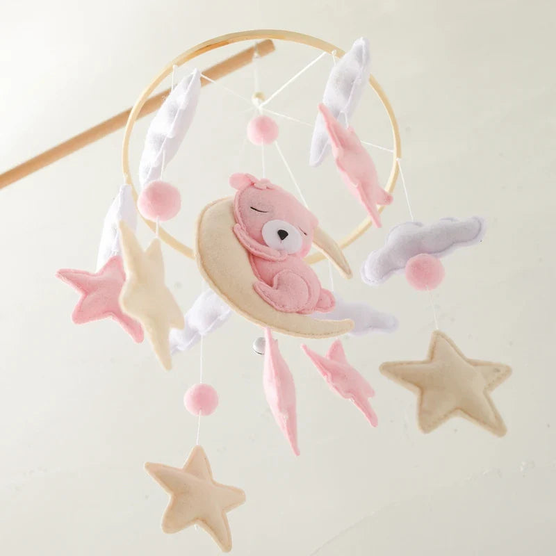 Bear Cuddling the Moon & Night Sky Felt Nursery Mobile
