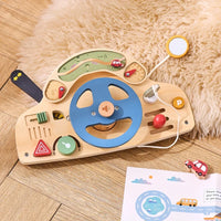 Montessori Wooden Steering Wheel Toy - Car Console Busy Board for Toddlers | Sensory Early Education Gift