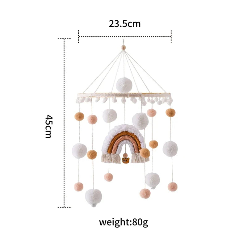 Boho Rainbow Wooden Crib Mobile with Felt & Wool Balls - Baby Crib Mobile