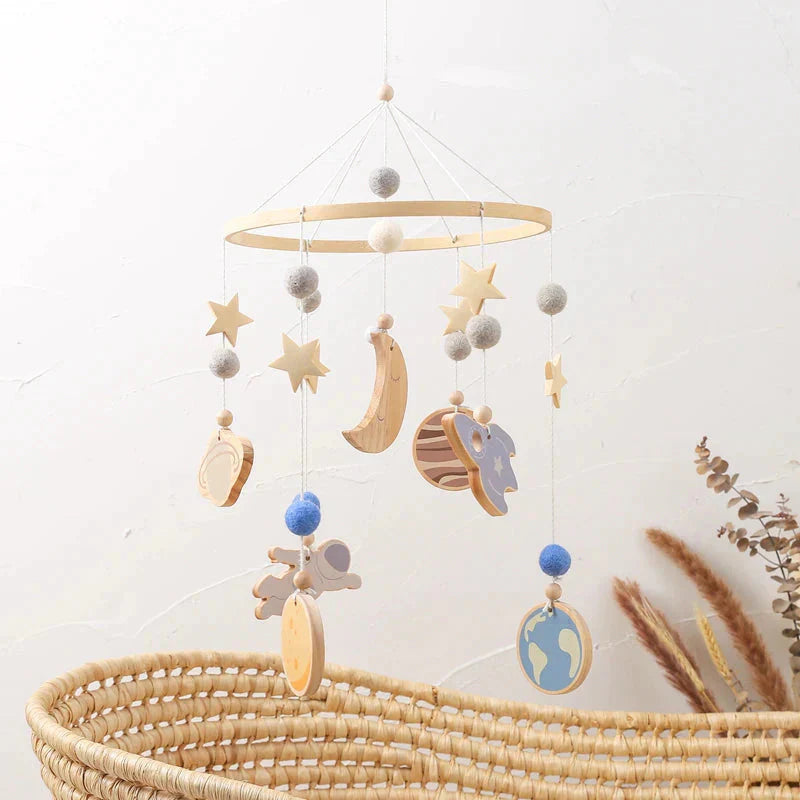 Cosmic Explorer Nursery Mobile with Wooden Space Figures