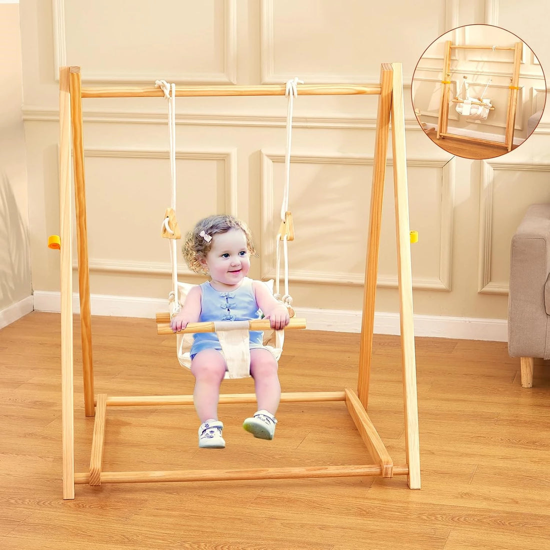 Wooden Baby Swing Set for Toddlers 6-36 Months, Foldable Baby Swing Set with Durable Pine