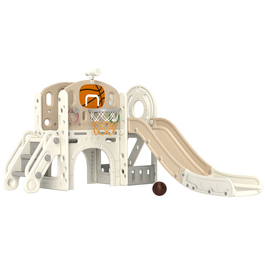 Qaba 7-in-1 Toddler Slide Playset, Kids Slide for Ages 1-6 Years with Ring Toss, Basketball Hoop, Telescope, Indoor Playground with Climber, Storage Space, Crawl Tunnel, Cream White