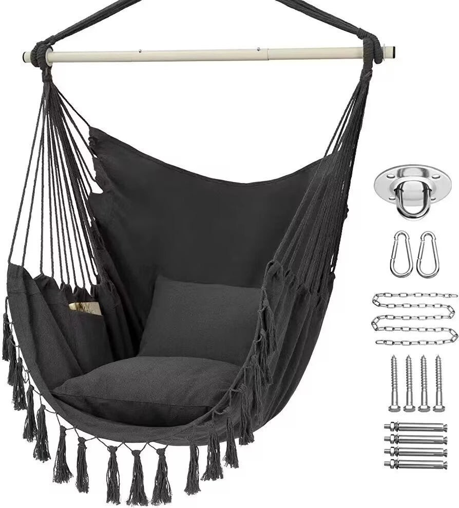 Hammock Chair, Swing Chair, Hanging Chair for Bedroom Outdoor Indoor, Macrame Rope Swing with Hardware Kit, 2 Cushions and Pocket