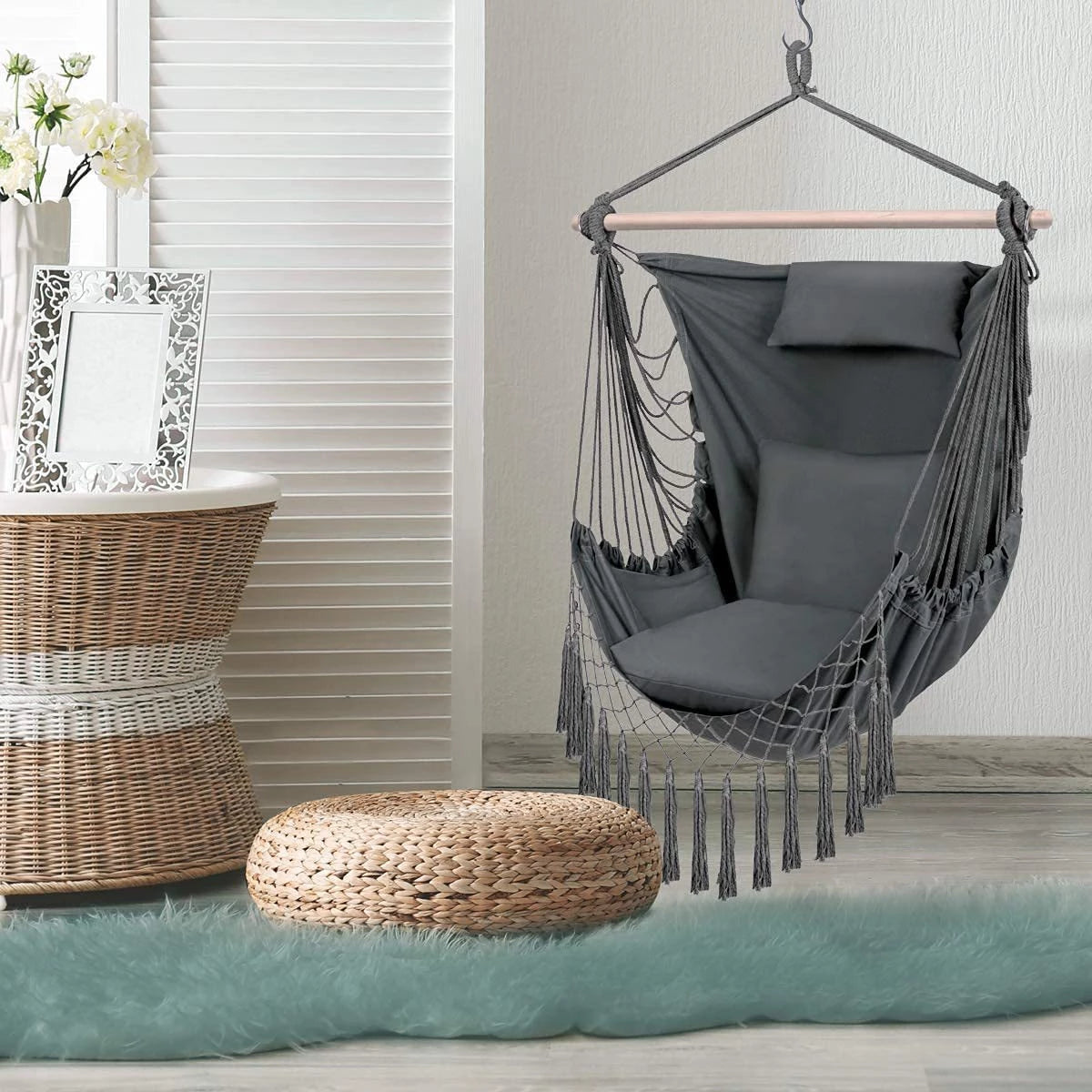 Hammock Chair Hanging Rope Swing with Hanging Hardware Kits and 2cushions&1 Neck Pillow, Large Macrame Hanging Chair, Side with Pocket for Patio, Bedroom, Backyard Max 330 Lbs