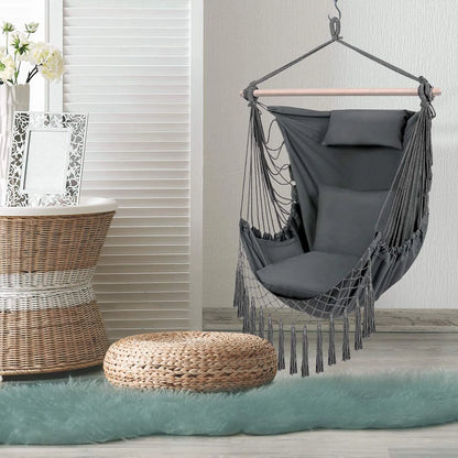 Hammock Chair Hanging Rope Swing with Hanging Hardware Kits and 2cushions&1 Neck Pillow, Large Macrame Hanging Chair, Side with Pocket for Patio, Bedroom, Backyard Max 330 Lbs
