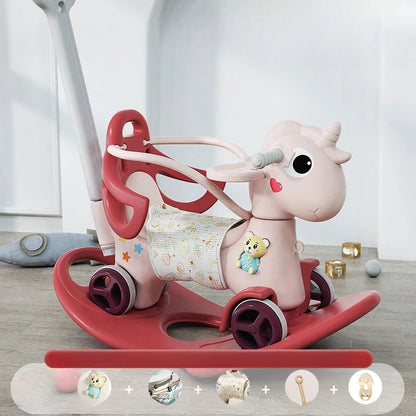 Rocking Horse for Toddler Balance Bike Ride On Toys with Push Handle Backrest Balance Board for Birthday