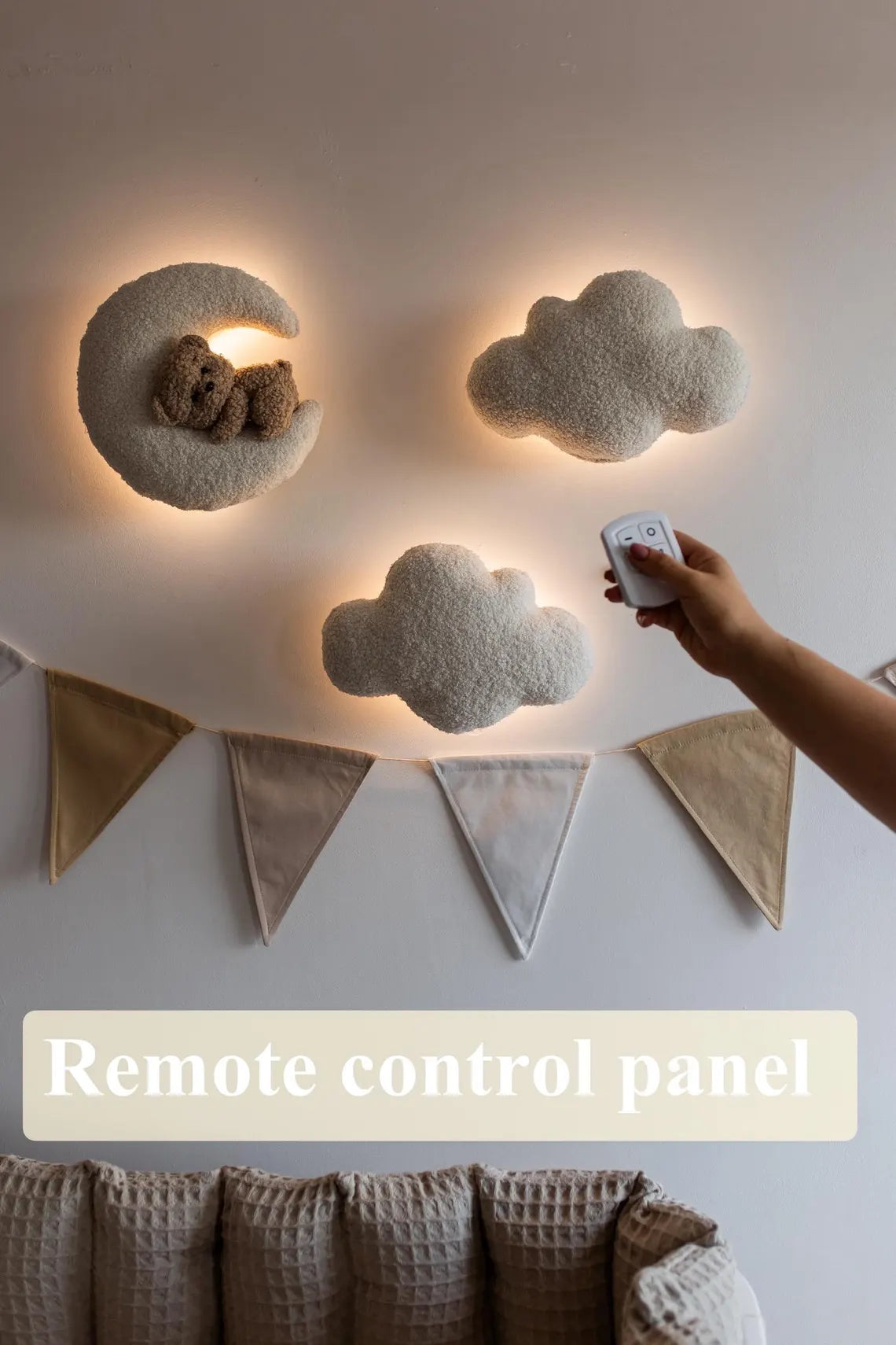 Teddy Bear Nursery Night Light Bouclé Moon, Stars, Clouds