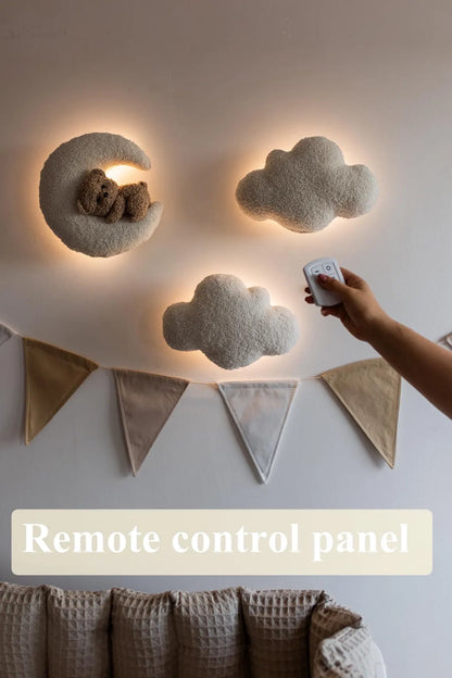 Teddy Bear Nursery Night Light Bouclé Moon, Stars, Clouds