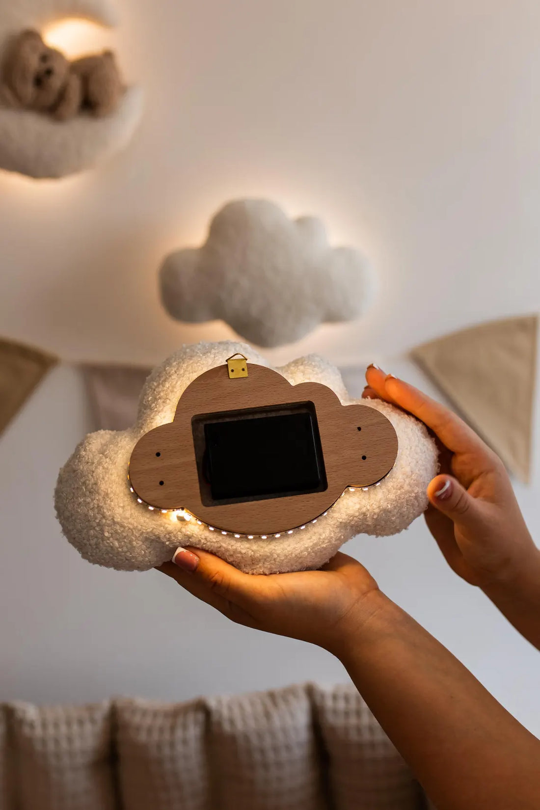 Teddy Bear Nursery Night Light Bouclé Moon, Stars, Clouds
