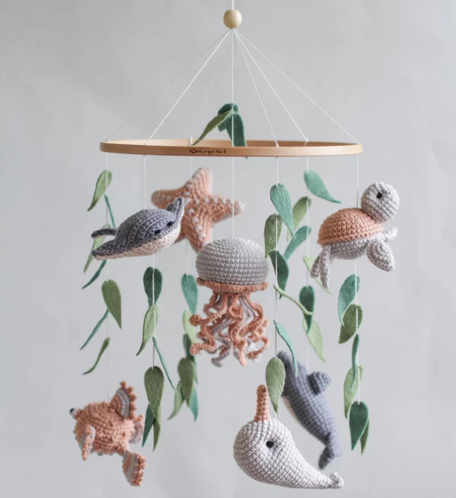 Ocean baby mobile. Nautical baby mobile. Ocean baby mobile with Narwhal, Jellyfish, Turtle, Stingray fish, Shark, Starfish and Puffer fish