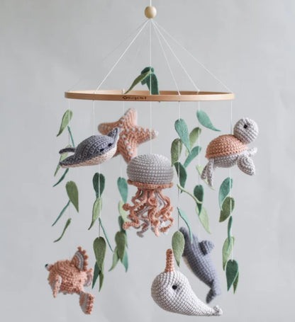 Ocean baby mobile. Nautical baby mobile. Ocean baby mobile with Narwhal, Jellyfish, Turtle, Stingray fish, Shark, Starfish and Puffer fish