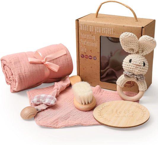 Baby Gift Set for Newborn, for Girls & Boys - 6 PCS Newborn Baby Essentials Baby Bath Set with Baby Blanket Baby Rattle - New Born Baby Girls Gift & Baby Boy Gifts Bunny