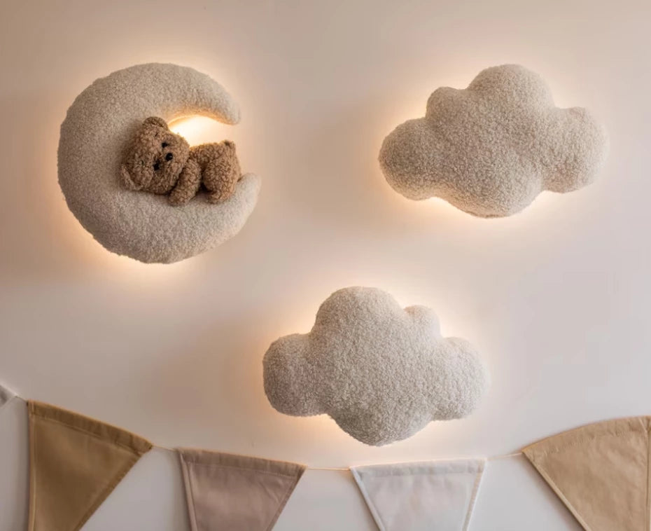 Teddy Bear Nursery Night Light Bouclé Moon, Stars, Clouds
