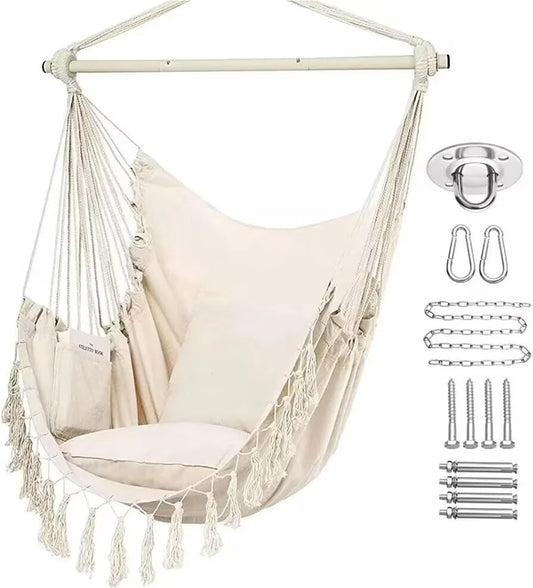 Hammock Chair, Swing Chair, Hanging Chair for Bedroom Outdoor Indoor, Macrame Rope Swing with Hardware Kit, 2 Cushions and Pocket
