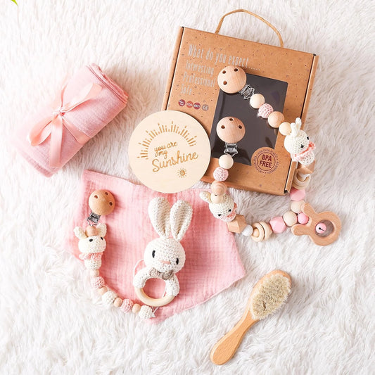 Baby Gift Set for Newborn - 7 PCS Newborn Baby Essentials Baby Bath Set with Baby Blanket Baby Rattle Bunny