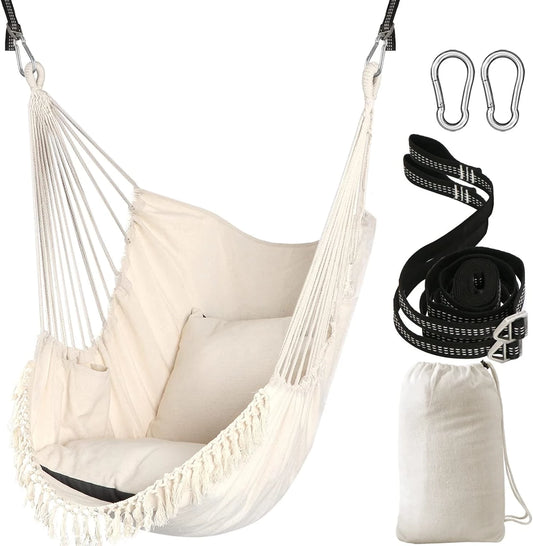 Hammock Chair Swing Chair 2 Seat Cushions Included,Strong Webbing Straps and Hooks for Easy Hanging Soft Cotton Weave Hanging Chair Side Pocket Indoor Outdoor