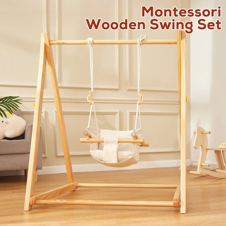 Wooden Baby Swing Set for Toddlers 6-36 Months, Foldable Baby Swing Set with Durable Pine