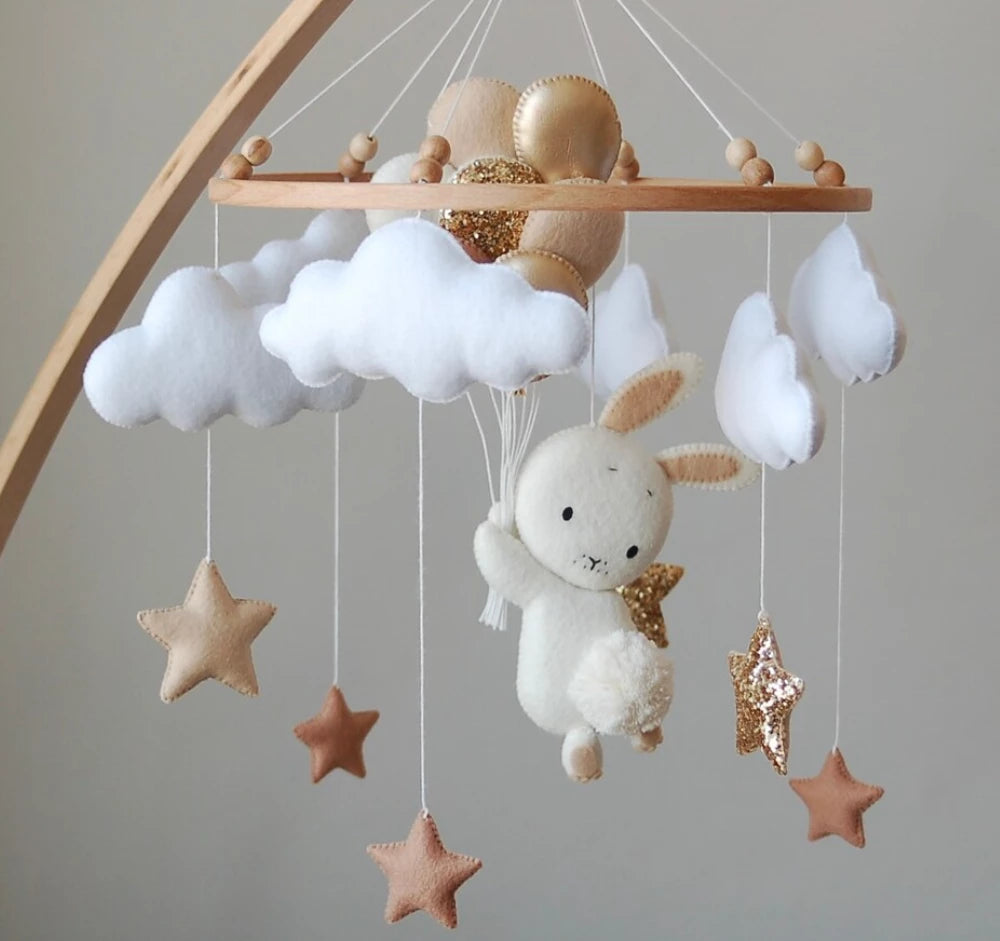 Bunny Baby Mobile: Pink Nursery Decor, Felt Stars & Balloons