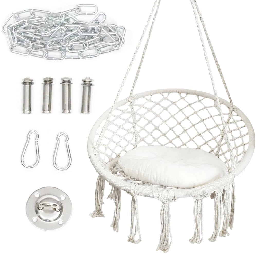 Hammock Hanging Swinging Chair,Hanging Cotton Rope Swing Chairs with Cushion and Hardware Kits, Hanging Chairs for Indoor Balcony and Outdoor Use,Perfect for Kids, Adults, (330 Lbs)