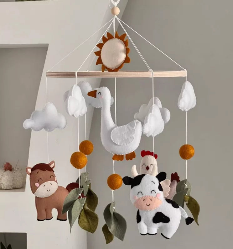 Farm animal baby crib mobile, baby mobile with farm animals goose cow horse chicken, neutral baby mobile, woodland nursery decor