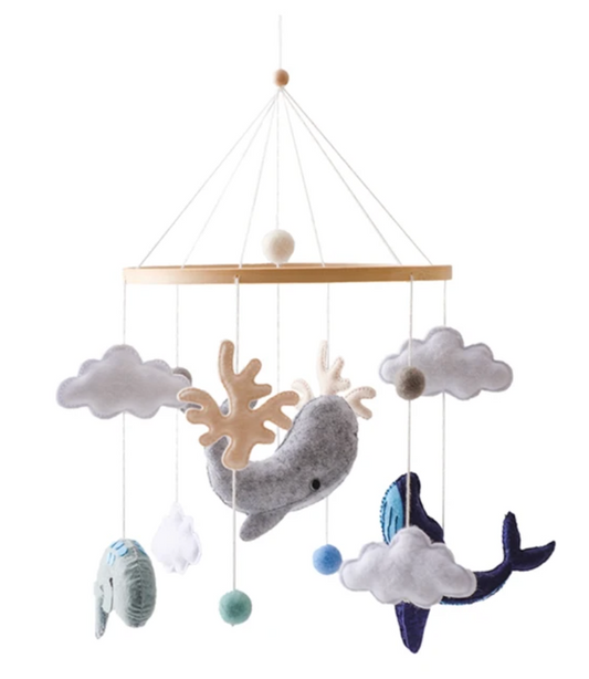 Blue & Orange Whale, Handmade Baby Mobile Wooden Bed Bell