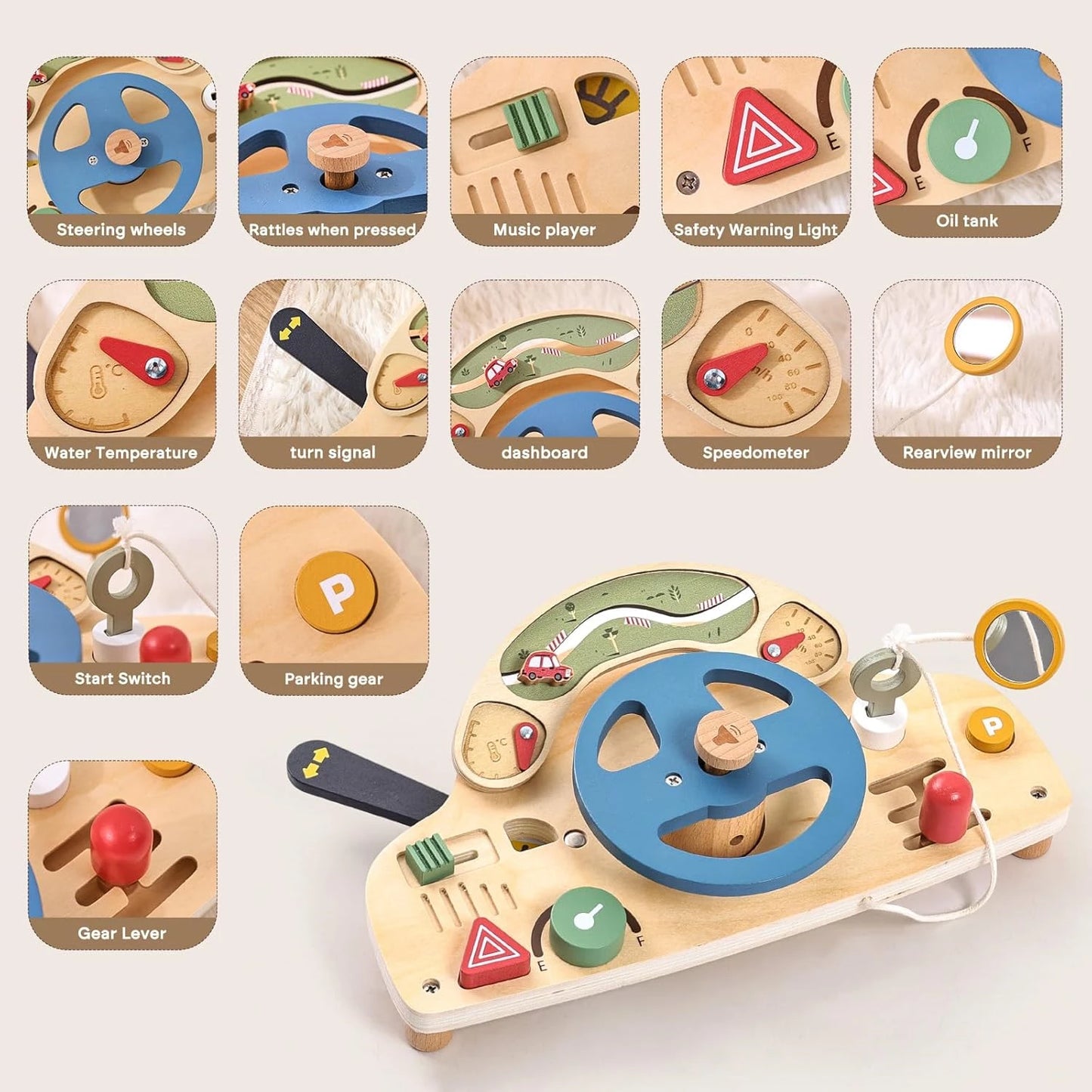 Montessori Busy Board for 1-4 Year Old, Steering Wheel Toy, Sensory Board Activity Board for Fine Motor Skills