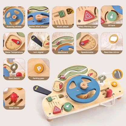 Montessori Busy Board for 1-4 Year Old, Steering Wheel Toy, Sensory Board Activity Board for Fine Motor Skills