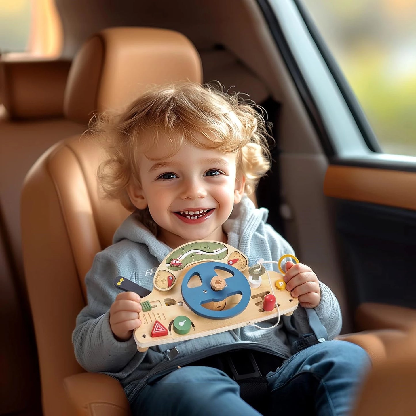 Montessori Busy Board for 1-4 Year Old, Steering Wheel Toy, Sensory Board Activity Board for Fine Motor Skills