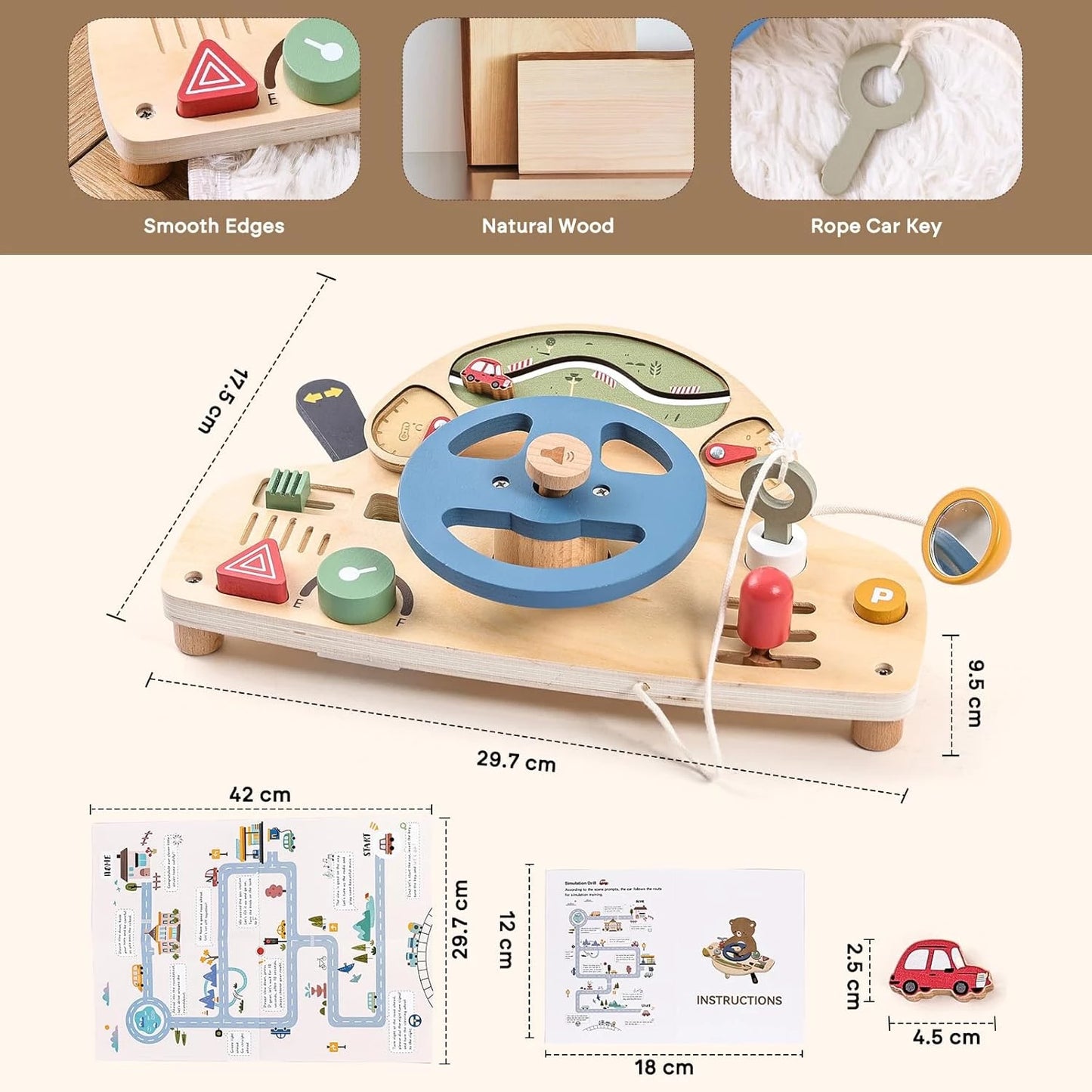 Montessori Busy Board for 1-4 Year Old, Steering Wheel Toy, Sensory Board Activity Board for Fine Motor Skills