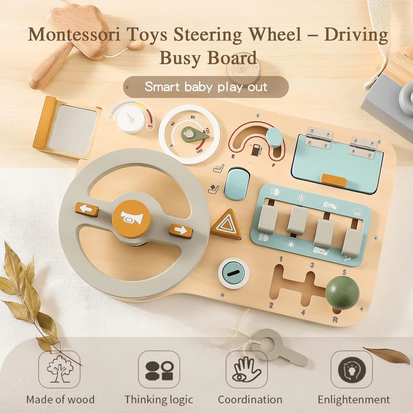Montessori Busy Board for 1-4 Year Old, Steering Wheel Toy, Sensory Board Activity Board for Fine Motor Skills