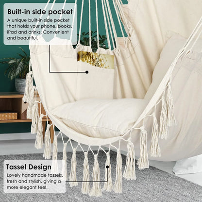 Hammock Chair, Swing Chair, Hanging Chair for Bedroom Outdoor Indoor, Macrame Rope Swing with Hardware Kit, 2 Cushions and Pocket