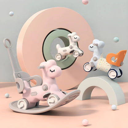 Multi-function in 1 Rocking Horse for Toddlers 1-3 Years Old, Balance Bike Ride On Toys with Push Handle, Backrest and Balance Board for Baby Girl and Boy