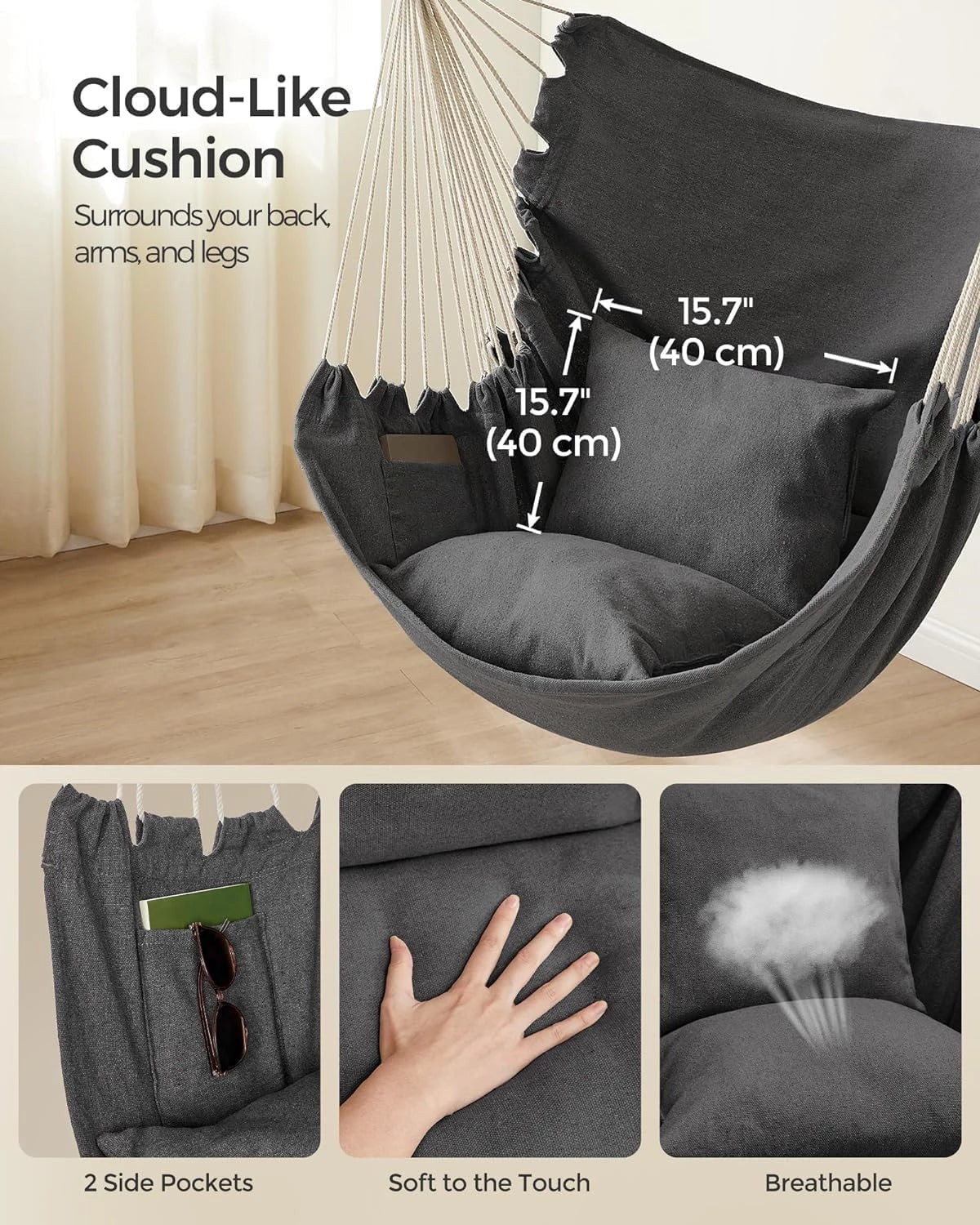 Deluxe Hammock Chair, Hanging Hammock Chair, Rope Swing and 2 Cushions Included, Sturdy & Durable Soft Cotton Hand Woven Hammock Swing for Bedroom, Porch, Patio-Indoor/Outdoor