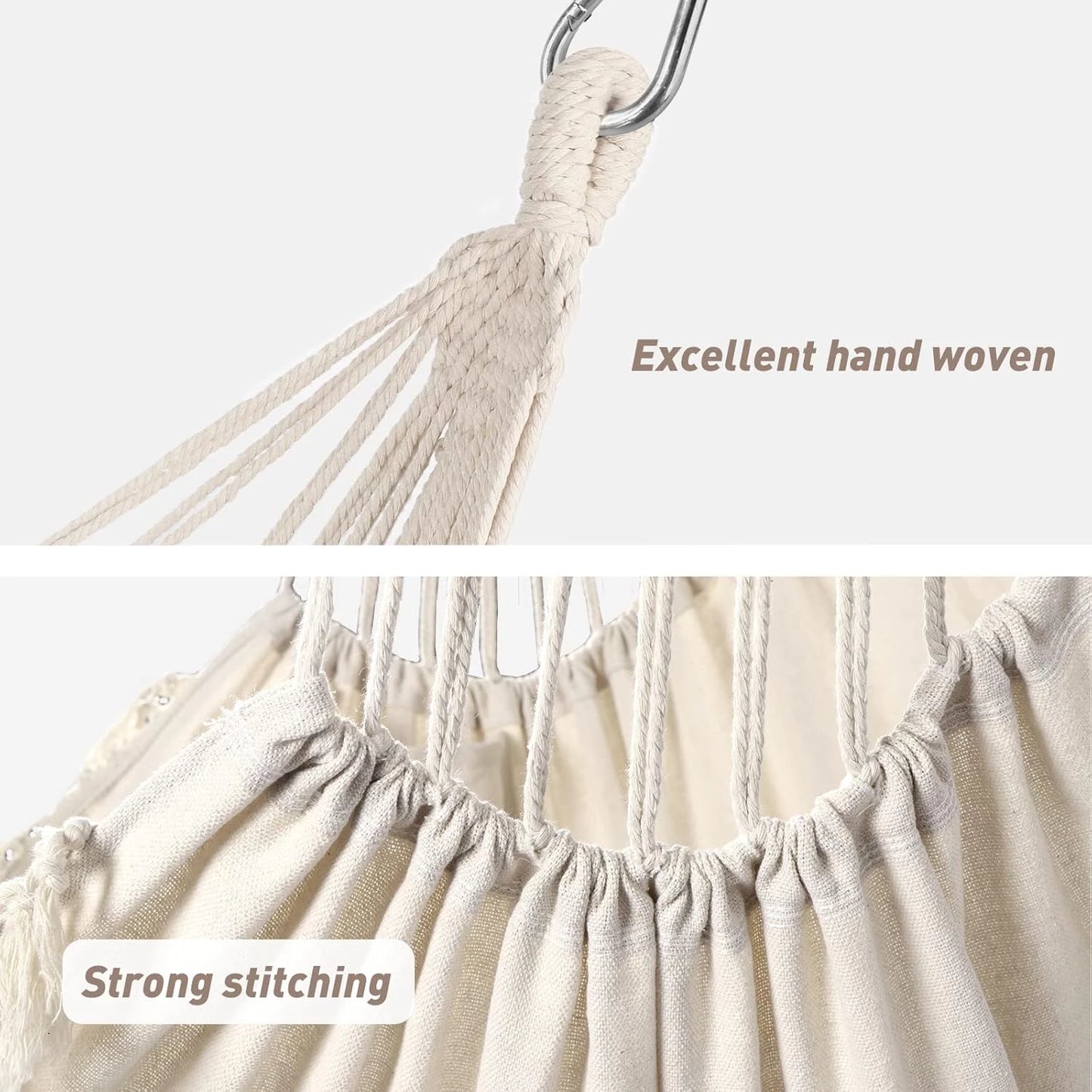 Hammock Chair Swing Chair 2 Seat Cushions Included,Strong Webbing Straps and Hooks for Easy Hanging Soft Cotton Weave Hanging Chair Side Pocket Indoor Outdoor